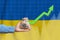 The concept of economic growth in Ukraine. Hand holds a bag with money and an upward arrow