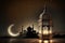 Concept of Eid Mubarak, moslem celebration with lantern, mosque and crescent. Created with Generative AI technology