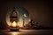 Concept of Eid Mubarak, moslem celebration with lantern, mosque and crescent. Created with Generative AI technology