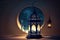 Concept of Eid Mubarak, moslem celebration with lantern, mosque and crescent. Created with Generative AI technology