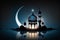 Concept of Eid Mubarak, moslem celebration with lantern, mosque and crescent. Created with Generative AI technology