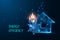 Concept of energy efficiency with house symbol, fire and snowflake on dark blue background.
