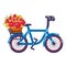 Concept european bicycle icon with basket flower trunk, city bike bouquet floret cartoon vector illustration, isolated