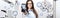 Concept of eye examination, smiling woman with spectacles showing mobile phone with icons in optometrist office, optician