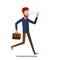 Concept of Face identification. Cartoon business man runs and holds smartphone in his hand for getting access to device