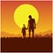 Concept of father and son camping. Summer travel with a child. Silhouette of people on the sun background. Spring family picnic tr