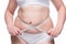 the concept of fighting obesity - fat belly close up covered with measuring