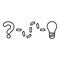 Concept of finding solution to the issue Question and path to the light bulb Searching for Innovation contour outline icon black