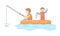 Concept Of Fishing And Fatherhood. Cheerful Fisherman Is Fishing From Boat On The Lake. Father And Son Have A Good Time