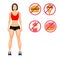 Concept with fit young woman in sportswear. Useful and harmful food. Woman with a sporty physique. Vector illustration