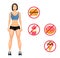 Concept with fit young woman in sportswear. Useful and harmful food. Woman with a sporty physique. Vector illustration