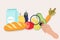 The concept of a flat vector illustration of healthy food safety. A hand with a magnifying glass studies food. For banner, website