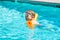 Concept of fun, health and vacation. Oudoor summer activity. A happy boy of five years old in swimming goggles shows his