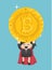 Concept Funny superhero Business Woman flying hold Bitcoin