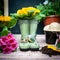Concept of gardening Summer and spring, harmony and beauty. Flowers Primula yellow and garden tools..Bright photo in cartoon style