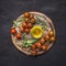 Concept of good nutrition, cherry tomatoes on a branch, rosemary, oil on a round cutting board wooden rustic background top vie