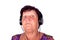 Concept: grandma listens to music, ,grandmother in headphones is shocked of modern music with wide eyes  isolated