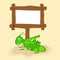 Concept of grasshopper with blank wooden board.
