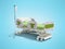 Concept green hospital bed semi automatic with remote control and drip on tripod 3d render on blue background with shadow