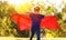 Concept happy child superhero hero in red cloak  in nature