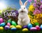 Concept Happy Easter. Congratulatory easter background. Easter eggs, bunny and flowers. (Generative AI