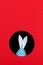 The concept, happy Easter, eared blue rabbit peeps out of the hole on red background. Copy space