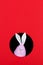 The concept, happy Easter, eared pink rabbit peeps out of the hole on a red background. Copy space