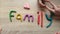 Concept of happy family. Hands spread in color letters word Family of plasticine
