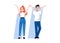Concept Of Happy Students. Man And Woman Are Standing With Hands Up And Smiling. Carefree Students Life. Happy Couple On
