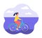 Concept of healthy active lifestyle. Woman in headphones rides bicycle along the beach, the shore. Vector flat