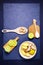 Concept of healthy eating. fruits root of ginger, slices lime, honey, with copy space. vertical photo