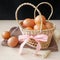 Concept healthy gift, Fresh brown chicken eggs in basket gift set on wooden table
