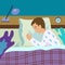 Concept of healthy sleep. Sleeping smiling man in bed. Colorful cartoon vector illustration.