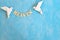 Concept of heaven. White dove origami carrying word heaven in sky blue background.