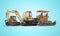 Concept heavy equipment excavator mini loader paver front view 3d illustration on blue background with shadow