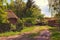 Concept of historical buildings of ancient Ukraine. Typical dirt road between houses with front yard in the Ukrainian village