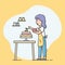 Concept Of Hobbies And Cooking Cake. Happy Woman Is Cooking Food At Kitchen, Baking And Decorating Tasty Pie. Woman Is