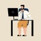 The concept of hybrid work. A man remotely attends an online meeting. Vector illustration in hand drawn style