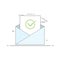 Concept icon open an email with a sheet of paper and the image of a tick with grey outline. Green checkbox.