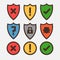 Concept of icons for antivirus programs, shields with safety and danger icons.