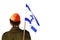 Concept: IDF, patriotism in Israel. Israeli soldier with the flag of Israel behind on a white isolated background