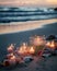 Concept illustration with burning candles and pink rose petals on a sandy beach. AI generated.