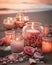 Concept illustration with burning candles and pink rose petals on a sandy beach. AI generated.