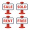 Concept illustration icon with instructions for status information to sell, sold, free and rent