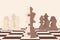 Concept illustration of white and dark kings are merged in puzzle shape standing on chess board with queens rooks bishops knights