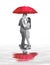 Concept image of couple in love standing under large red umbrella while raining and reflections in puddles.  Isolated on White.