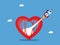 Concept of independent mind and decisive decision. Businessman riding a rocket flying out of the heart