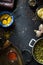 Concept of Indian cuisine with mung dal on the dark background