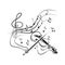 Concept of inspired violin playing, hand-drawn doodle. Melody. Classical. Flying notes. Music. Inspiration. Ecstasy