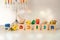 Concept of of jewish religious holiday hanukkah with hanukkah chandellier menorah wooden spinning top toys dreidel, cubes